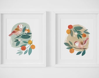 Bird and Clementine Set of 2 - Art Print, Botanical illustration