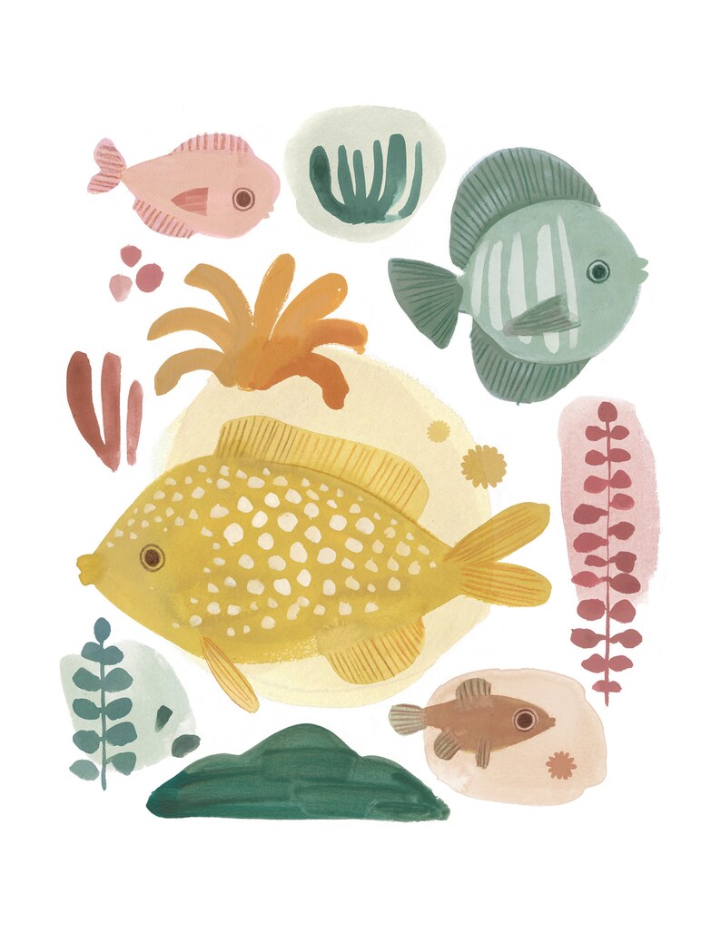 Sea Life Art Digital Print Set of 2, Fish Wall Prints, Nursery Decor, Baby Shower Gift image 2