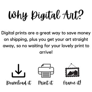 Puede incluir: Fondo blanco con el texto "Why Digital Art?" en negro, con fuente manuscrita. Debajo, el texto explica los beneficios de las impresiones digitales. Tambi&eacute;n se incluyen iconos para descargar, imprimir y enmarcar.
