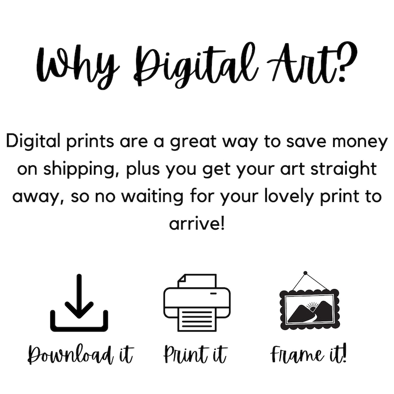 Puede incluir: Fondo blanco con el texto "Why Digital Art?" en negro, con fuente manuscrita. Debajo, el texto explica los beneficios de las impresiones digitales. Tambi&eacute;n se incluyen iconos para descargar, imprimir y enmarcar.