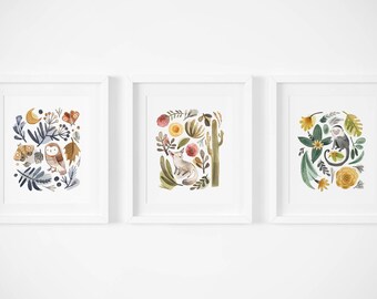 Set of 3 Art Prints - Animals and Plant Life Set, Kass Reich illustration