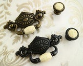 2.25 quot Antique bronze black bail handle dresser knob drawer drop swing handle porcelain knob retro cabinet handle beige ceramic 2 1 4 quot 57mm