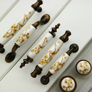 3&quot; 3.75&quot; 5&quot; White porcelain drawer pulls yellow floral dresser knob antique black brass wardrobe handle ceramic cabinet pull 76 96 128mm