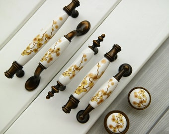 3" 3.75" 5" White porcelain drawer pulls yellow floral dresser knob antique black brass wardrobe handle ceramic cabinet pull 76 96 128mm