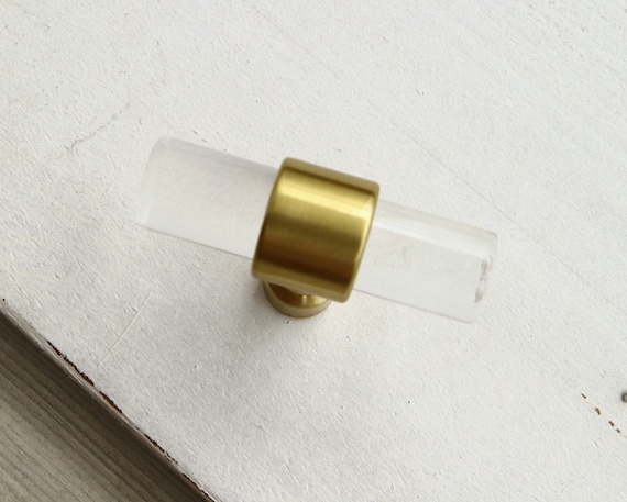 Clear Acrylic Drawer Knob Brushed Gold Brass Dresser Handle Etsy