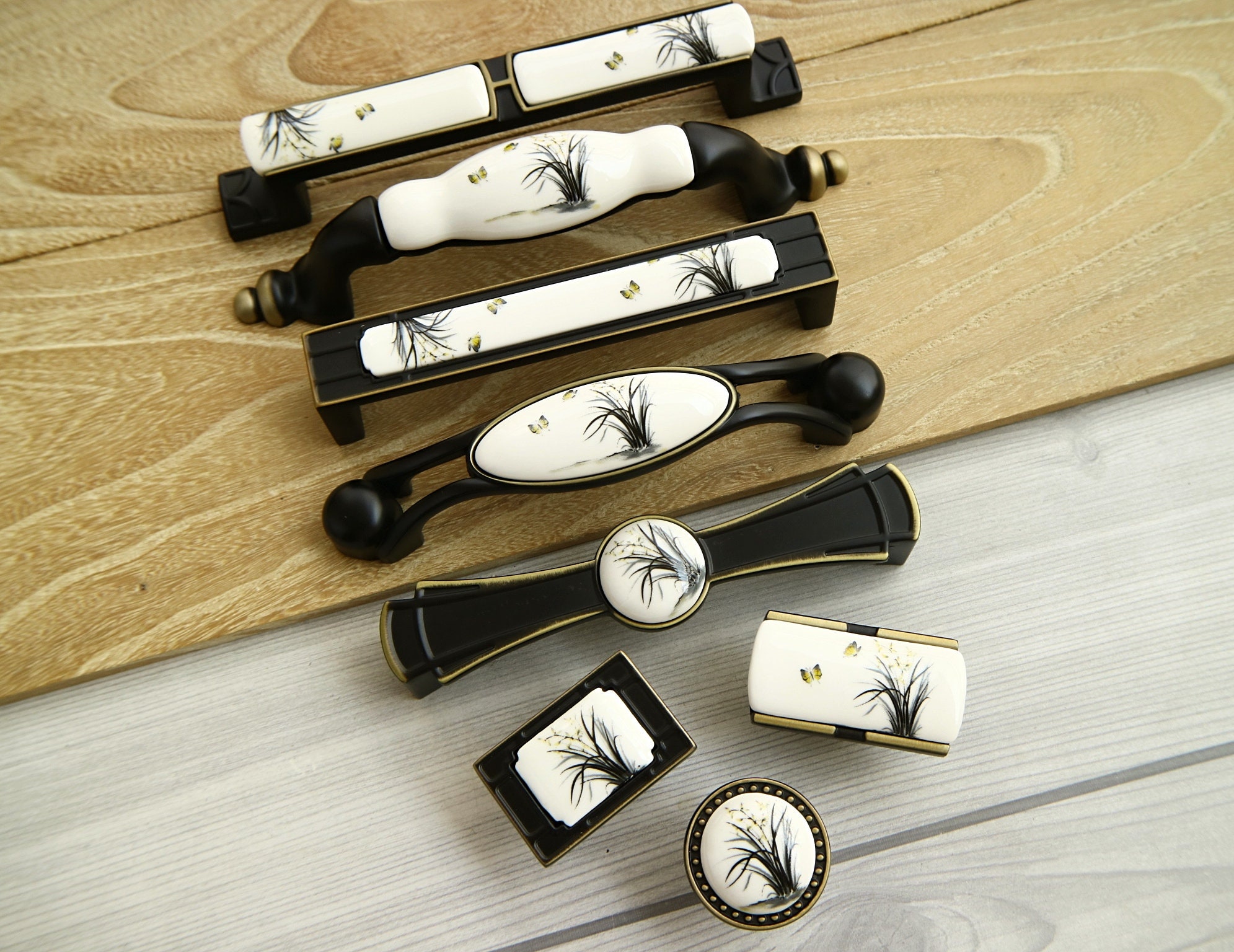 3.75" 5" White porcelain drawer handle black bronze dresser knob solid handle pull ceramic kitchen cabinet knob butterfly plant leaf 96 128