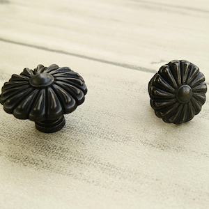 May include: Two black metal cabinet knobs with a decorative floral design.
