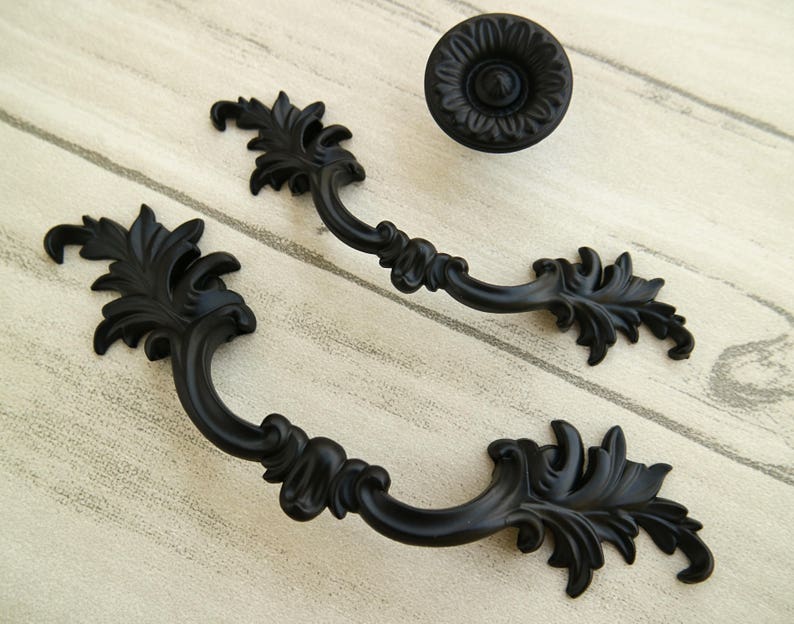 3\u201c 3.75\u201d Black drawer handle flower knob pull dresser handle pull solid furniture hardware cabinet door knob cupboard handle leaf 76 96mm