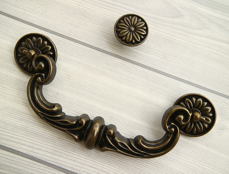 6 Large dark antique bronze dresser bail handle flower drawer knob kitchen drop swing