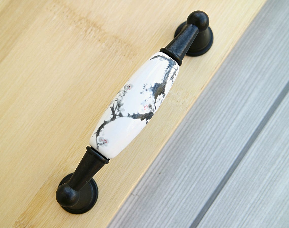 Black white ceramic drawer handle pull dresser porcelain knob Etsy