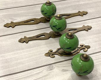 Green ceramic handle knob porcelain pull knob ceramic drawer dresser knob pull cabinet cupboard handle antique bronze back plate woodworking