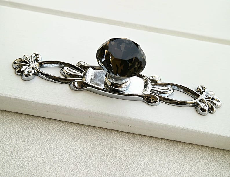 Black Gray Crystal Glass Wardrobe Knob Silver Chrome Back Etsy
