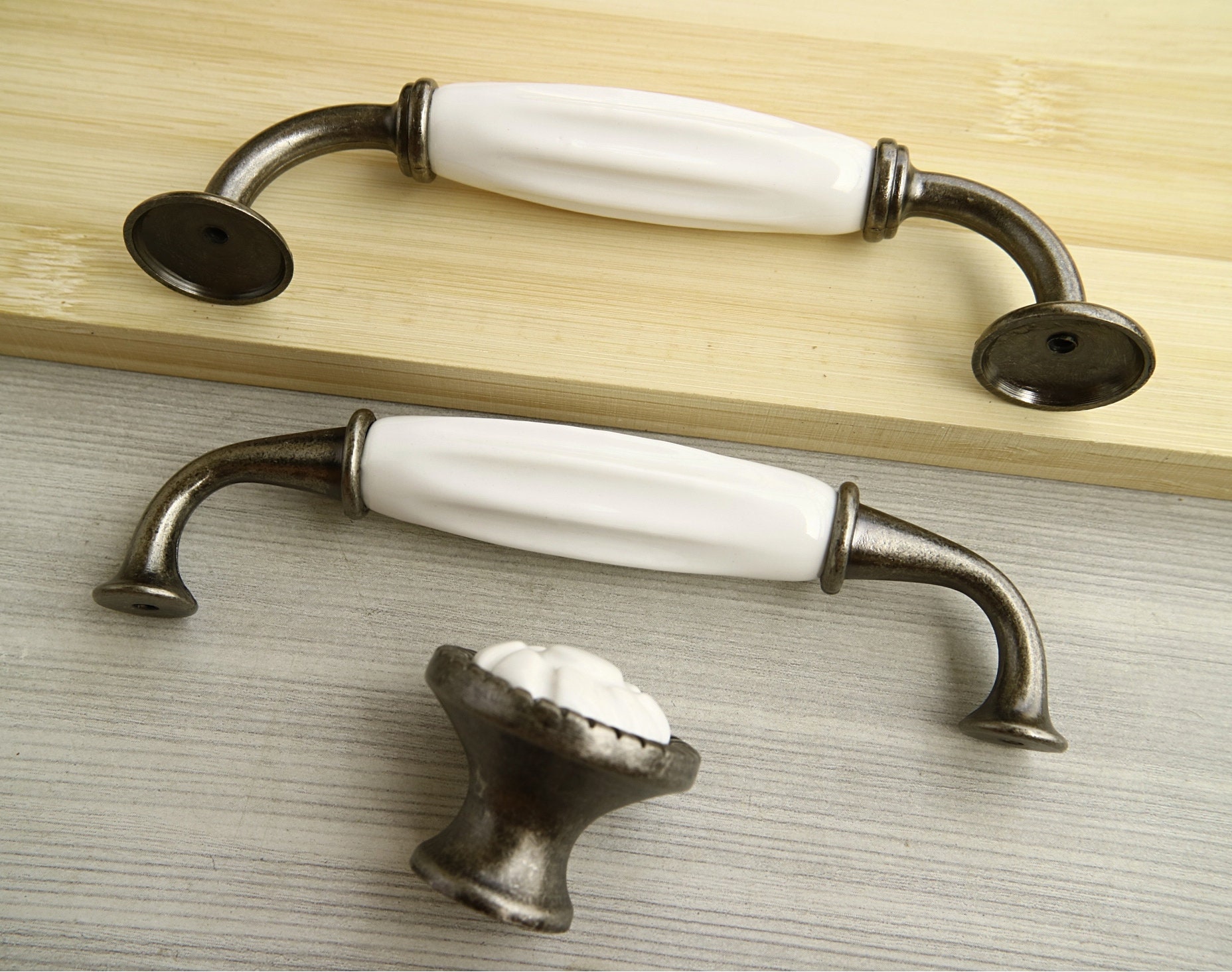 5 White porcelain dresser handle pewter drawer knob Etsy