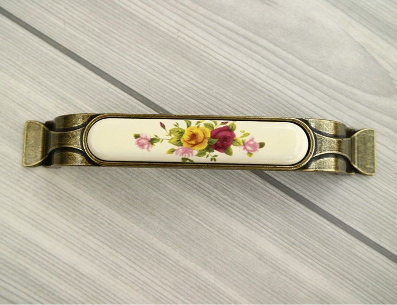 3.75 5 Beige ceramic dresser handle antique bronze dresser knob yellow pink flower cabinet door pull furniture porcelain handle 96 128mm