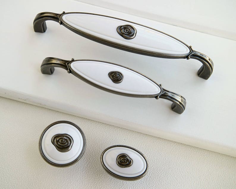 3.75\u201d 5 White ceramic drawer handle pull antique silver black cabinet door knob rose flower dresser handle porcelain wardrobe pull 96 128mm