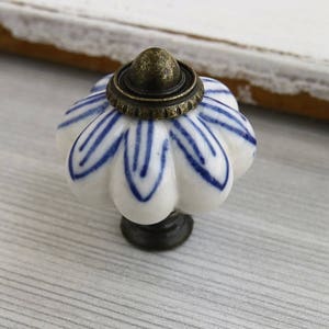 May include: White ceramic cabinet knob with a blue and white floral design and a brass base.