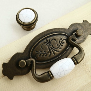 3.75&quot; White crackle porcelain handle rustic antique bronze knob ceramic drop bail drawer handle pull cabinet knob dresser swing pull 96mm