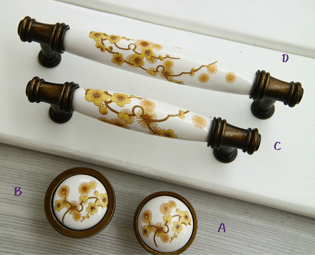 3.75 5 Yellow Flower Drawer Knob White Porcelain Etsy