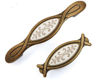 Antyczny brązowy uchwyt komody, biała ceramiczna gałka do szuflady, porcelanowy uchwyt do szafki, uchwyt do szafy, metalowy uchwyt do szafy, 32 96 mm