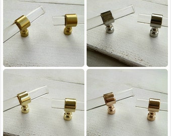 Clear lucite acrylic dresser knob brushed gold brass drawer handle polished rose gold kitchen cabinet cupboard pull silver decorative handle