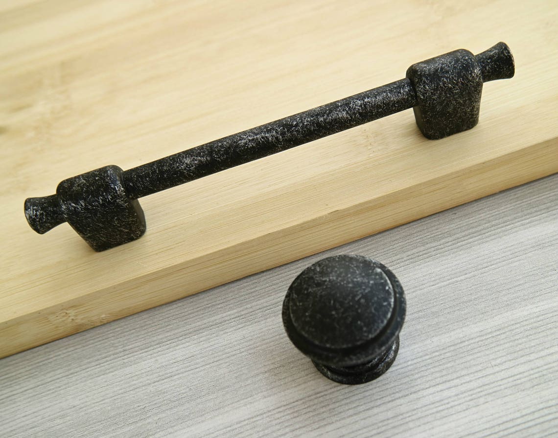 4.5 Rustic Knob Antique Black Silver Handle Pull Solid Etsy