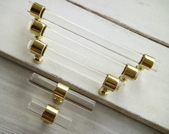 5 8.8 10.5&quot; Clear lucite kitchen cabinet door handle acrylic drawer knob polished gold dresser pull 128 224 267mm