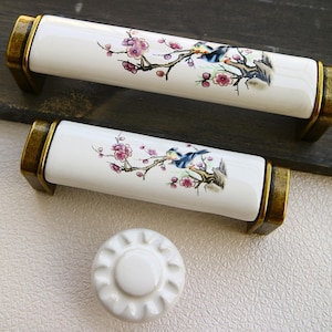 3,75" 5" bird bloem tak lade handvat pull wit porselein dressoir knop antieke koperen kledingkast handvat keramische kastdeur pull 96 128mm