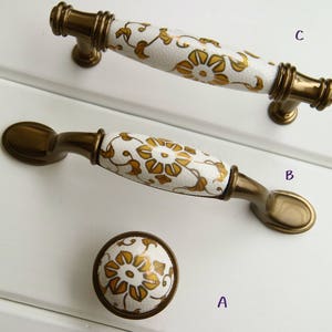 3.75&quot; White ceramic drawer handle pull yellow gold flower dresser knob porcelain wardrobe pull brass cabinet door handle ornate handle 96mm
