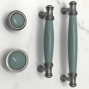 3.75” 5&quot; Blue gray drawer dresser knob ceramic handle porcelain pull blue gray knob antique silver pewter handle cabinet door pull 96 128mm