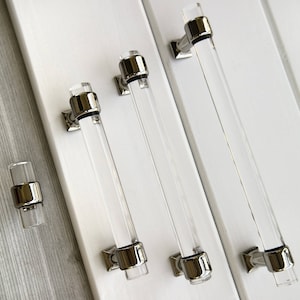 3,75 5 6,3 8,8 10" klarem Acryl Schublade Griff Griffe Kommode Knopf Silber Küchenschrank Tür Henkel Glas Blick 96 128 160 224 256 mm