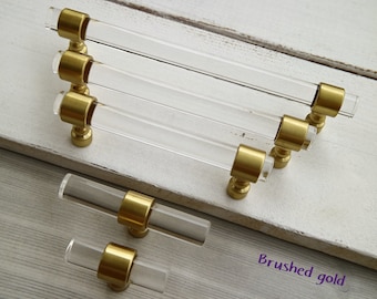 2,5 8,8 10,5&quot; doorzichtige lucite ladekrukgreep geborsteld goud messing dressoirknop acryl kastkruk sierlijke meubelknop 64 224 267 mm
