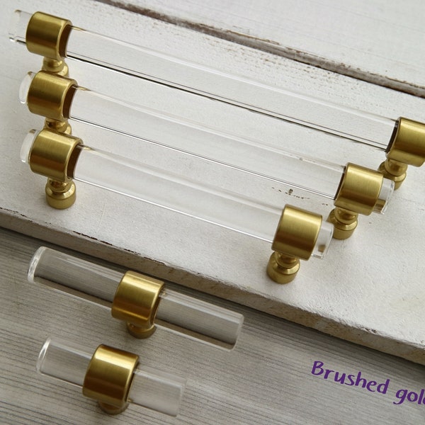 2.5 8.8 10.5" Clear lucite drawer handle pull brushed gold brass dresser knob acrylic cabinet handle ornate furniture knob pull 64 224 267mm