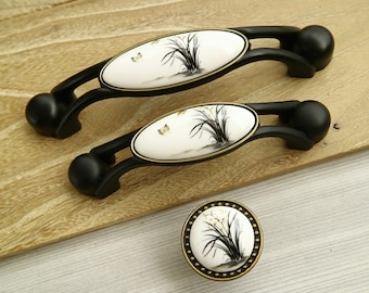 3.75" 5" Black white cabinet pull handle ceramic drawer knob porcelain dresser handle pull kitchen hardware leaf plant butterfly 96 128mm
