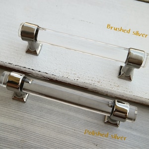 3.5 4.75 7.5" Brushed silver drawer handle pull polished silver dresser knob clear lucite kitchen cupboard handle acrylic pull 89 121 190mm
