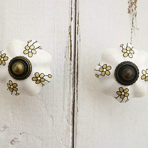 May include: Two white ceramic cabinet knobs with a yellow floral design and a brass center.