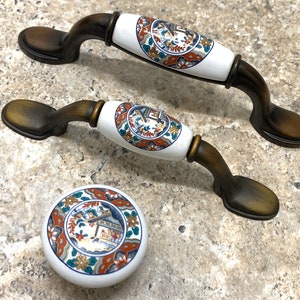 3" 3.75" Ceramic knob unique ancient picture handle red white porcelain dresser pull antique brass drawer handle kitchen cabinet knob 76 96