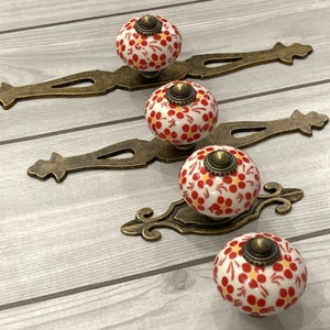 Red white yellow dresser drawer knob flower handle pull porcelain ceramic handle knob cabinet cupboard door handle antique bronze backplate