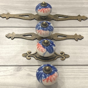 Blue white drawer knob antique bronze back plate red flower handle pull porcelain knob ceramic handle cabinet cupboard handle pull knob leaf