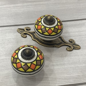 Yellow white ceramic dresser knob colorful knob cabinet porcelain drawer cupboard handle pull orange brown knob pull antique bronze plate