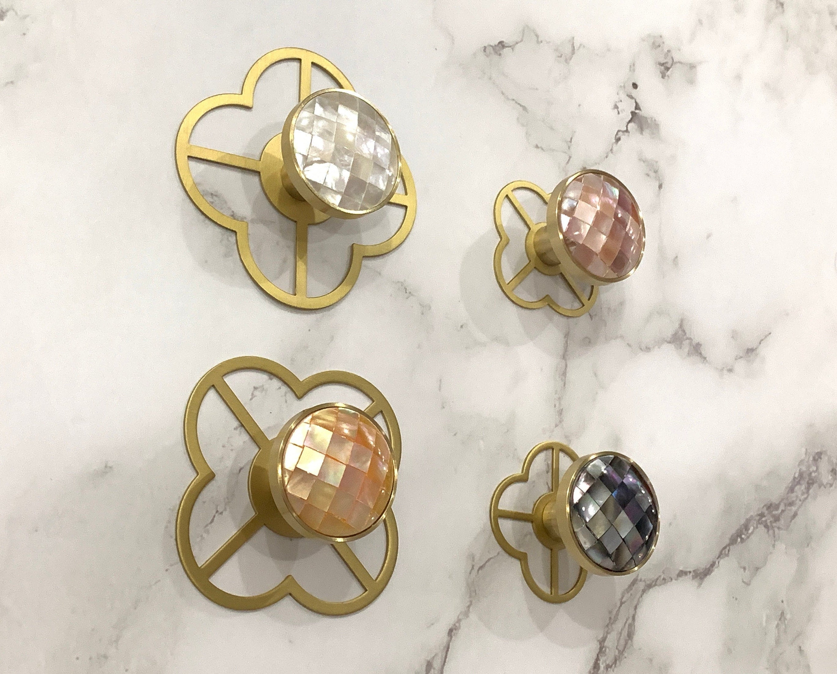 Natural Shell Handle Knob Brushed Brass Gold Plate Drawer Etsy