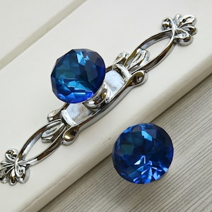 Blue dresser crystal glass knob cabinet door pull cupboard handle furniture rhinestone knob drawer pull handle silver chrome backplate