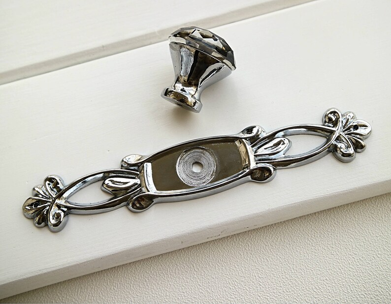 Black Gray Crystal Glass Wardrobe Knob Silver Chrome Back Etsy