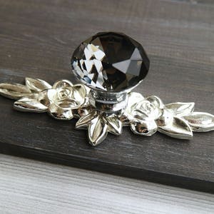 Black gray crystal glass drawer handle knob dresser handle pull cabinet door knob wardrobe knob pull furniture handle silver back plate