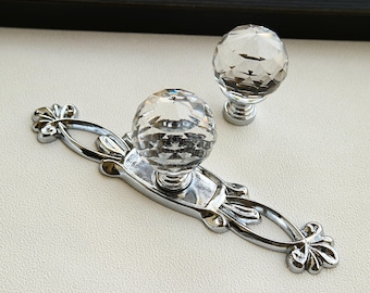 Clear crystal glass drawer knob dresser handle pull furniture handle kitchen cabinet door knob decorative handle silver chrome back plate
