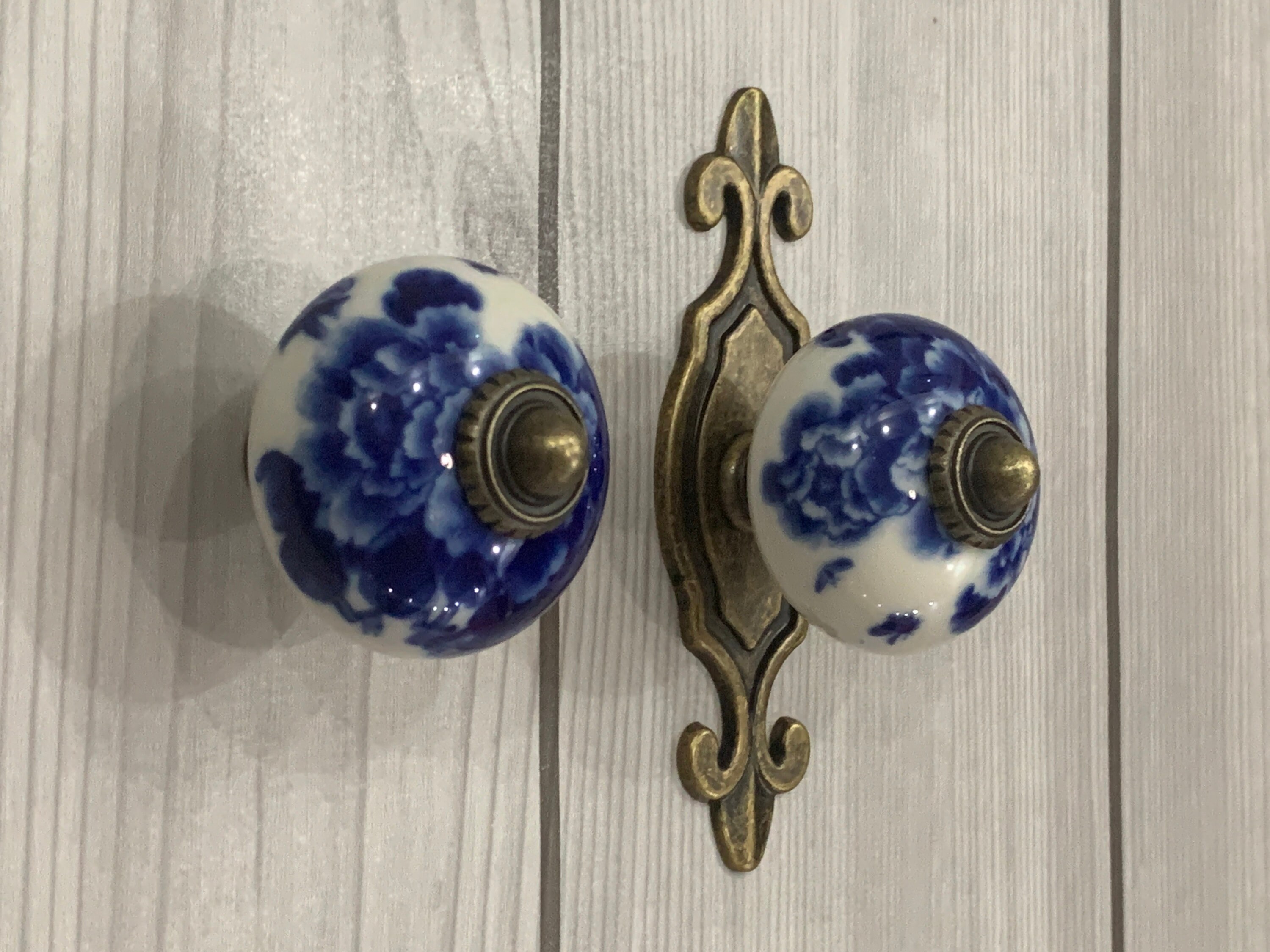Porcelain Handle Knob With Antique Bronze Plate Blue White Etsy Ireland