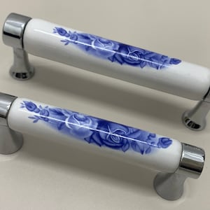3" 3.75" White ceramic blue flower floral drawer dresser pull porcelain handle kitchen cupboard pull decorative handle pull silver 76 96mm