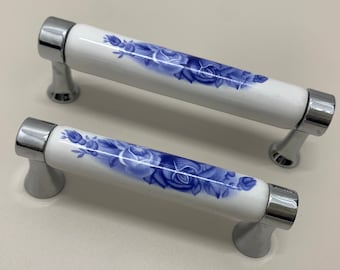 3" 3.75" Ceramica bianca blu fiore floreale cassettiera cassettiera tirare porcellana maniglia cucina armadio tirare decorativo maniglia tirare argento 76 96mm