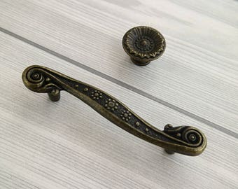 3" Antique bronze handle pull flower dresser knob cabinet door handle furniture hardware cupboard knob drawer handle pull woodworking 76mm