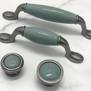 3.75” 5&quot; Kitchen cabinet door knob antique silver pewter handle blue gray knob cupboard handle porcelain ceramic pull furniture pull 96 128