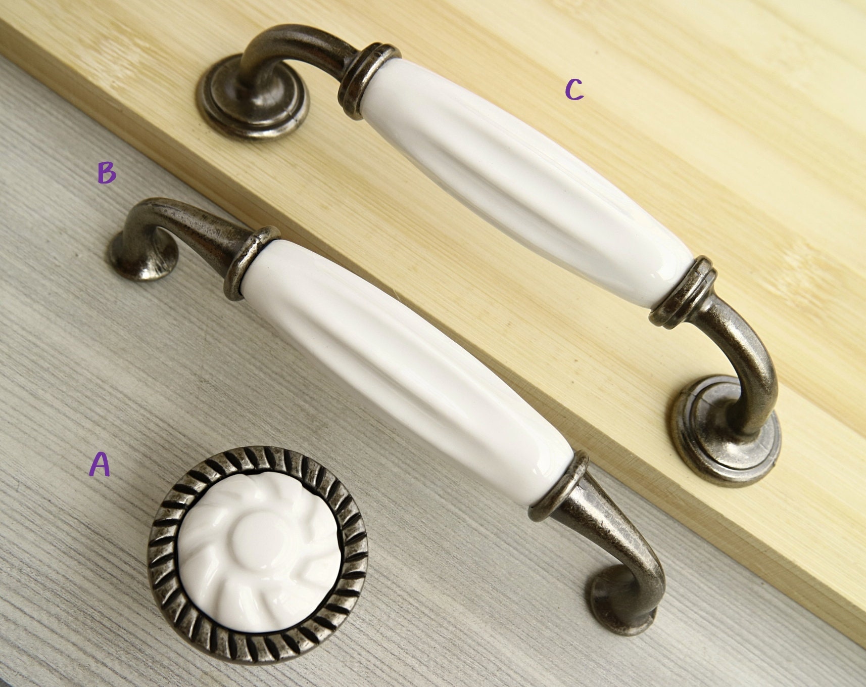 5 White porcelain dresser handle pewter drawer knob Etsy